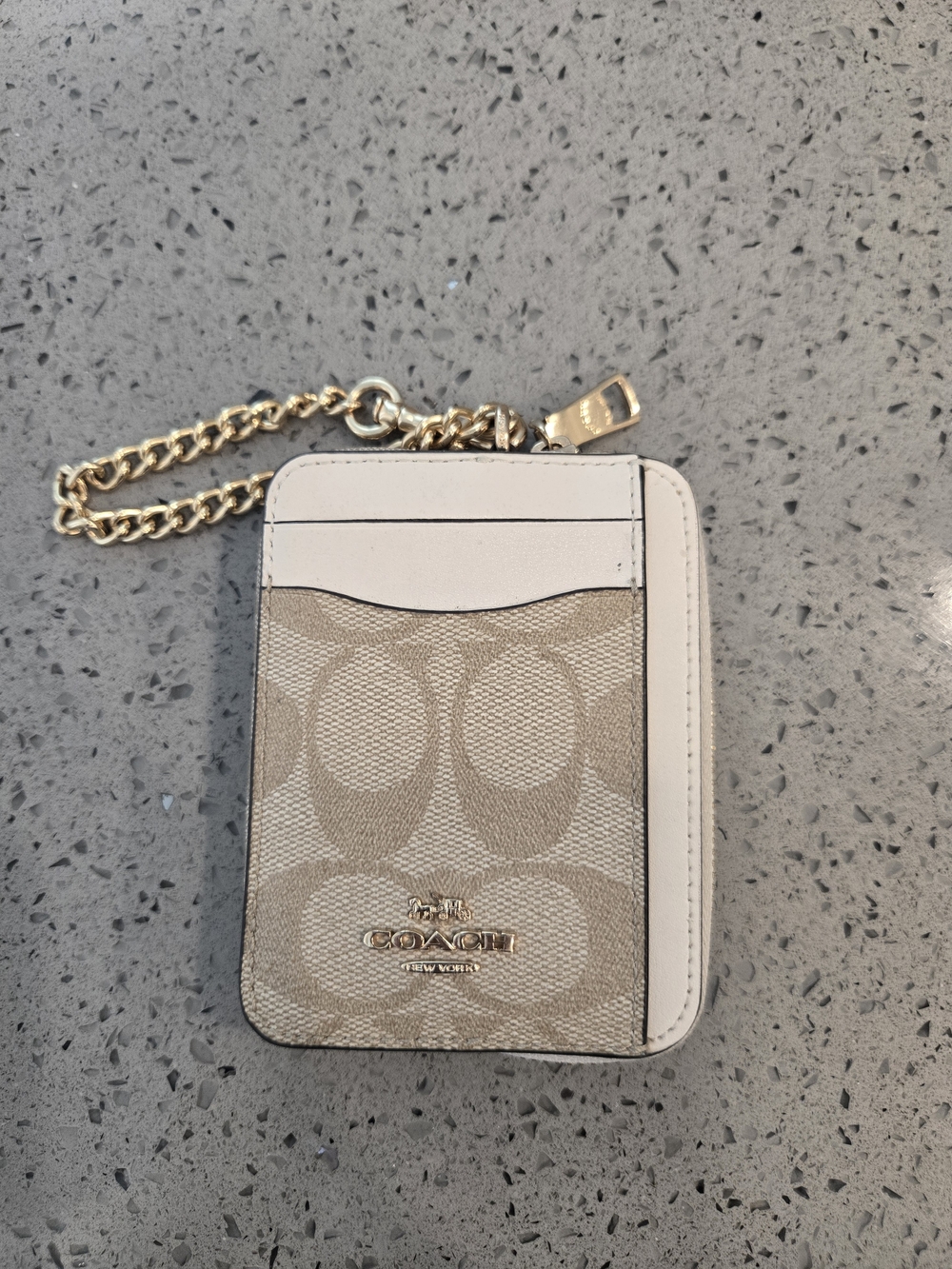 Coach Beige Signature Card Holder with Chalk Trim and Gold Chain